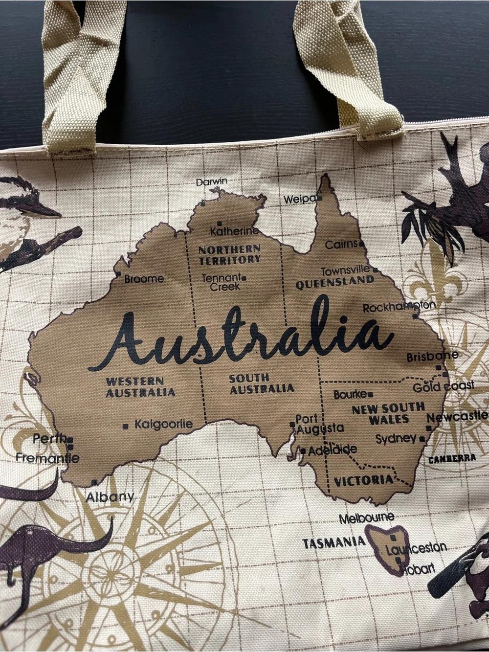 Vintage Style Australia Map Canvas Zippered Tote Bag Beige Large